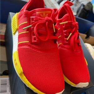 Adidas Bright Red Sneakers with Yellow Highlights